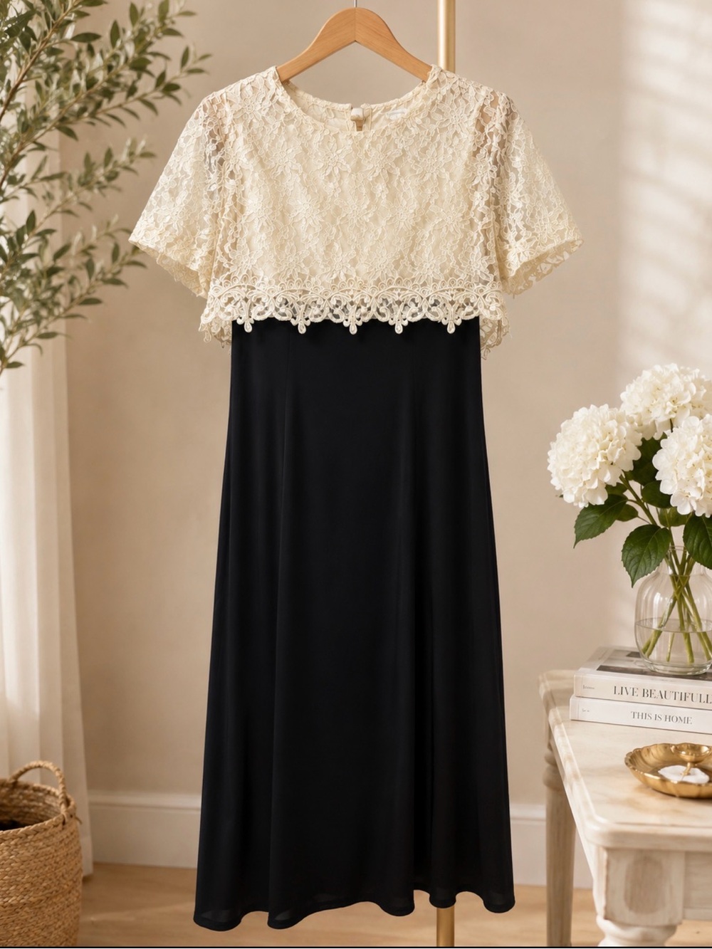 Vintage Ivory Lace Capelet Over Black Midi Dress size 10